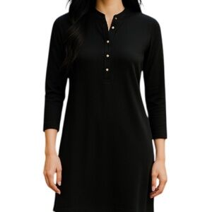 CALVIN KLEIN Long Sleeve Shirt Dress Black Preppy Gold Buttons Collarless Size 4